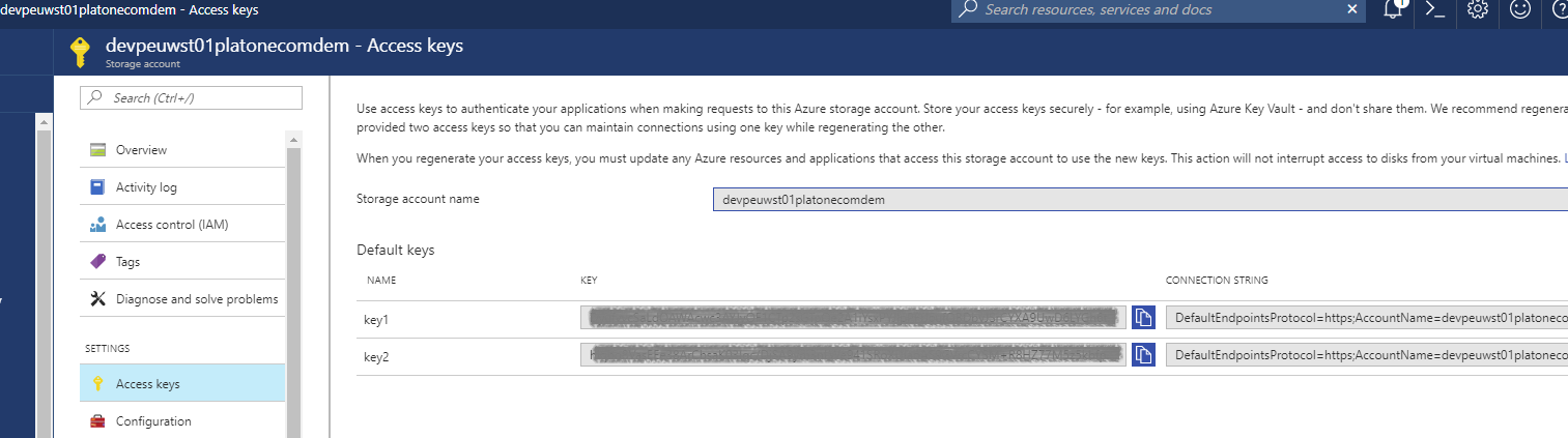 Azure Portal - Storage Account - Keys