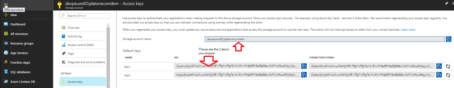 Azure Storage Portal Access Keys