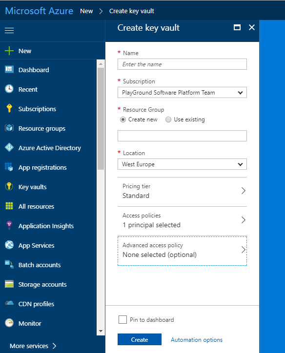 Azure Portal - Key Vault - Create Blade