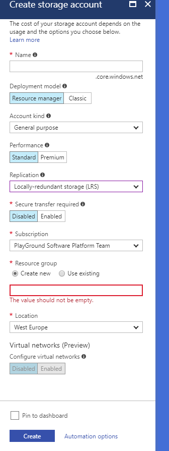 Create Azure Storage Account Blade