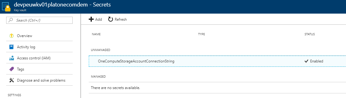 Azure Portal - Key Vault - Secret Created