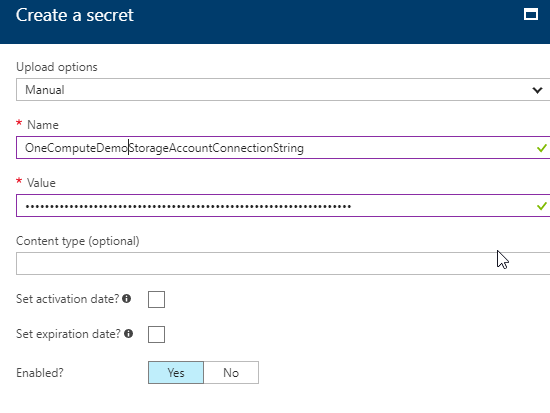 Azure Portal - Key Vault - Create Secret