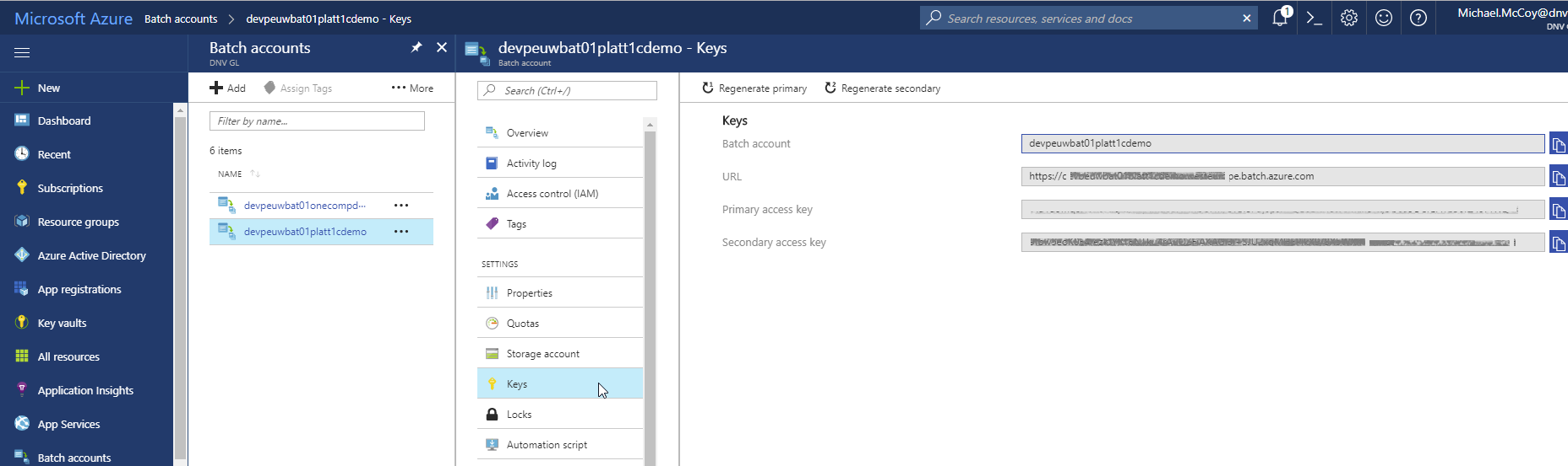 Azure Batch Service Credentials