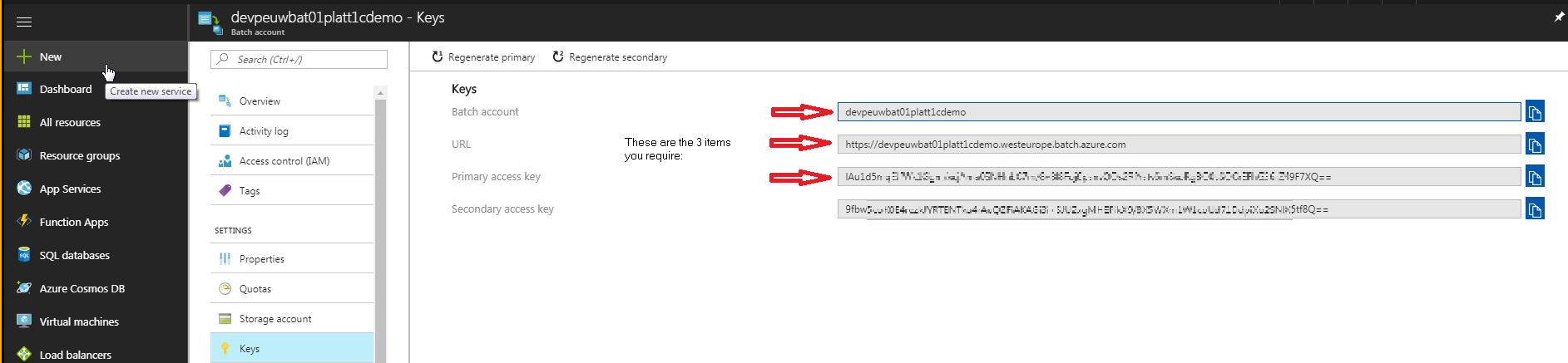 Azure Batch Portal Access Keys