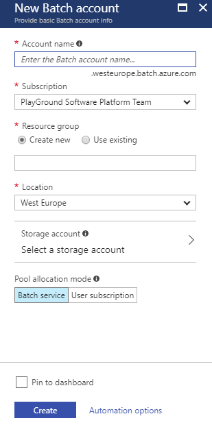 Create Azure Batch Account Blade