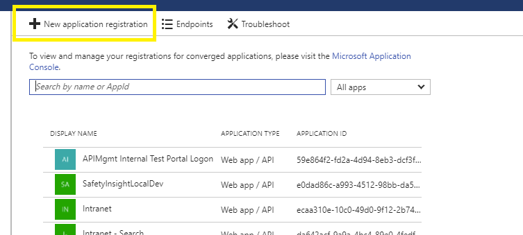 Azure Portal - Azure Active Directory - New Application Registration