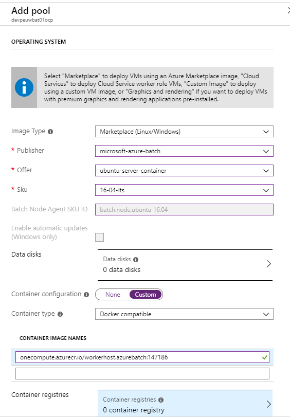 Adding a container compatible Azure Batch Pool